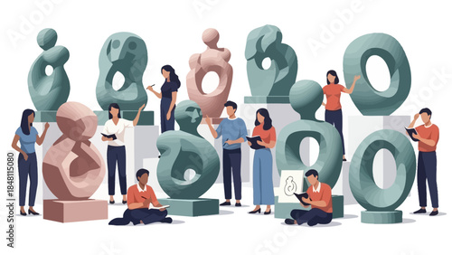 Contemporary art installation featuring abstract sculpture figures and diverse visitors engaging