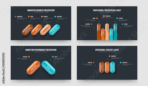 Service Portfolio 4 5 2 3 Option Diagram Slide Design Set. Consulting Innovation Four Five Two Three Step Infographic Presentation Template Vector Illustration Bundle.