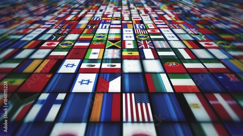World Countries Flags Design Background
Animation of a design abstract 3d background with international world flags icons mosaic shifting and speed effect along with depth of blur