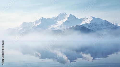 A majestic snow-covered mountain range reflects in a calm, misty lake under a soft blue sky, creating a serene, tranquil natural landscape.