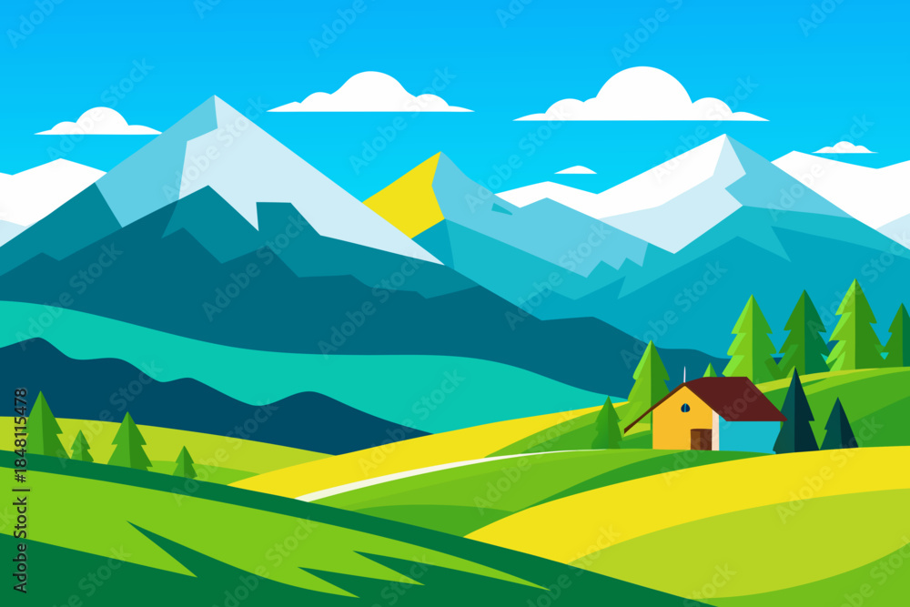 Naklejka premium Serene mountain landscape with rolling hills and cozy house