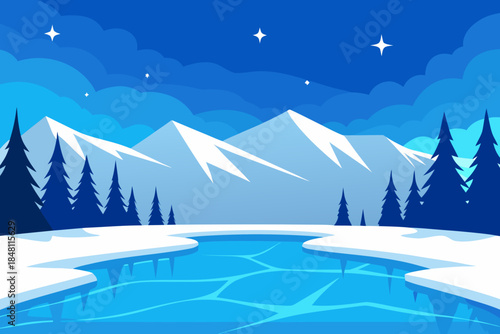 Winter landscape with frozen lake and snowy mountains