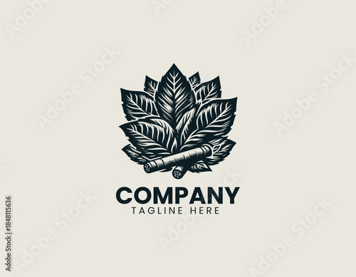 Vintage tobacco leaves are illustrated as a classic botanical emblem in a refined black vector logo illustration