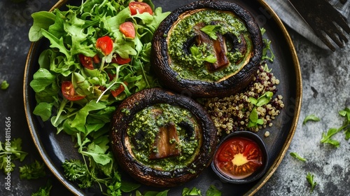 Grilled portobello mushrooms with pesto, served with a side of quinoa and mixed greens. --ar 16:9 --v 6.1 Job ID: 0abe6b7e-ae47-444f-a0aa-92d3b3087a39
