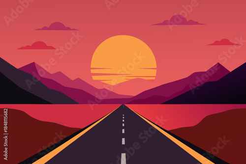 Sunset on a deserted road with mountains in the background