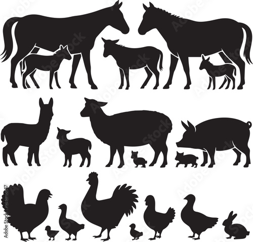 Silhouettes of Farm Animals on Transparent Background