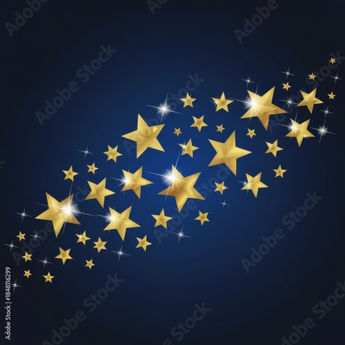 Glistening Starry Sky: Captivating array of golden stars sparkling against a deep blue canvas, evokes a sense of wonder and cosmic beauty.