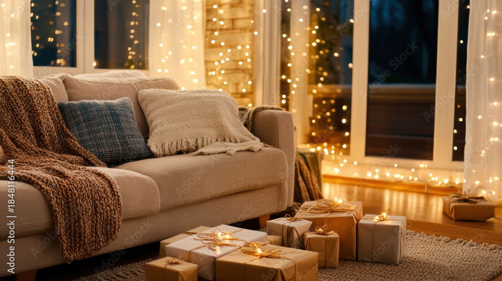 Obraz premium Cozy living room with beige sofa, soft pillows, warm blanket, glowing Christmas lights, wrapped gifts, wooden floor, and festive atmosphere create joyful holiday mood