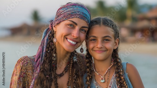 Portrait of a smiling woman with a younger girl, both by a beach, looking at the camera