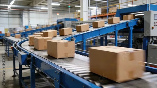 Automated conveyor system transporting cardboard boxes in a modern warehouse. Designed for efficient logistics, packaging, and distribution of goods in a manufacturing or supply chain setting.
