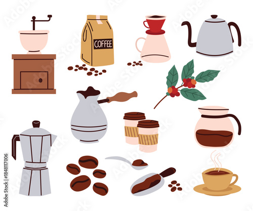 Coffee elements set. Brewing tools, accessories, paper cups, glasses, beans, bags. Coffeehouse stuff, grinder, cezve, kettle. Vector illustration in a flat style