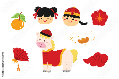 Hand drawn lunar new year ornaments set includes boy, girl, cloud, horse, coin, flower vector design.