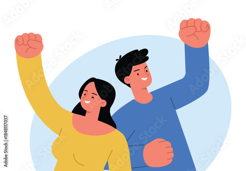 Young happy laughing couple man and woman raising their fists. Joyful positive boy and girl rejoicing together, happiness, freedom concept. Vector illustration in a flat style