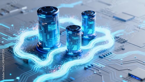 Three illuminated data servers on a circuit board, showcasing cloud computing and digital connectivity with glowing blue pathways, symbolizing advanced tech infrastructure.