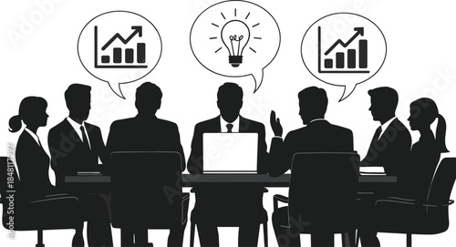 Business meeting silhouettes with charts and lightbulb idea icons Keywords: business, meeting, team, discussion, collaboration