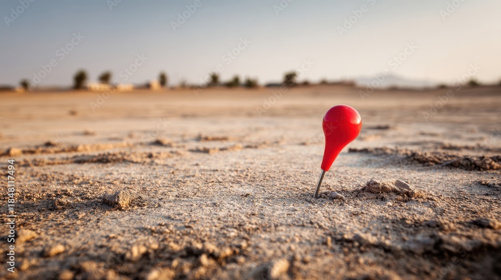 Fototapeta premium Bright Red Map Pin Sticking Out of Dry Desert Ground Against a Scenic Blurred Background Under Clear Sky at Golden Hour Lighting