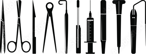 Collection of black silhouettes of medical surgical instruments on white background Keywords: medical, surgical, instruments