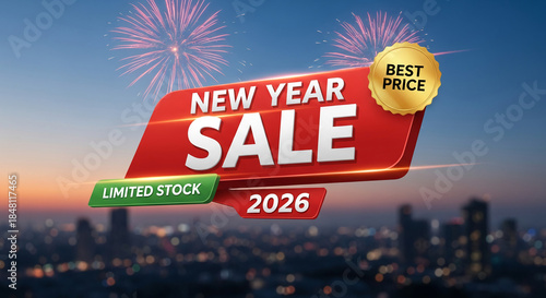 Red banner with New Year Sale, gold sign Best Price, green tag Limited Stock, fireworks and city at sunset, concept promotion of sale for 2026