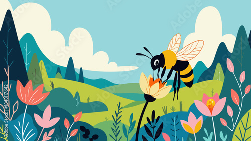 Whimsical Vector Illustration of Bee Pollinating Flower for Biodiversity Protection