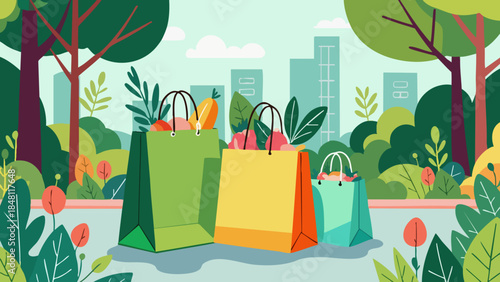 Vector Illustration of Reusable Shopping Bag with Leafy Greens in Urban Park Setting