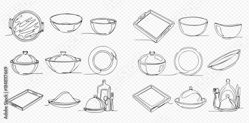 Continuous line drawing of various kitchenware and serving dishes in a minimalist style.