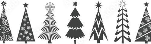 Collection of Stylized Christmas Tree Silhouettes with Decorative Patterns Keywords: christmas tree, silhouette, icon