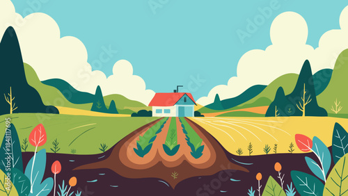 Vector Illustration of a Sustainable Regenerative Farm with Earthy Tones