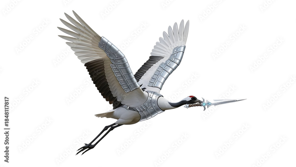 Fototapeta premium White and silver robotic crane with sword flying, cutout, PNG isolated on white or transparent background