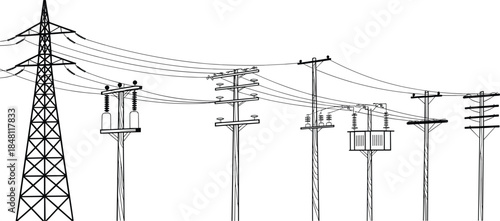 Electrical Power Lines and Utility Poles with Transformers and Insulators Keywords: electricity, power, energy, transmission