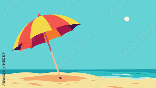 Vibrant Red and Yellow Beach Umbrella on Sandy Shore, Vector Illustration