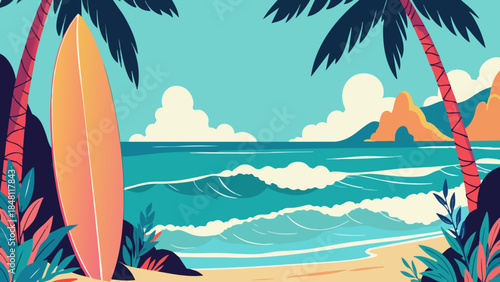 Vector Illustration of Surfboard Against Palm Tree on Beach
