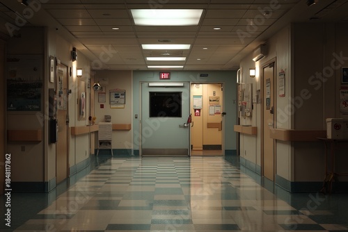 The hospitals corridor remains hushed and tranquil during the nighttime hours, creating an atmosphere that encourages calmness and deep reflection, enhanced by the gentle glow of soft lighting 