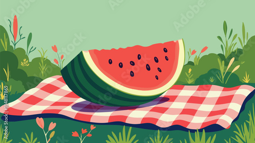 Vector Illustration of Watermelon Slice on Picnic Blanket for Summer