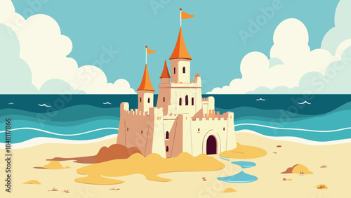 Whimsical Vector Illustration of a Partially Built Sandcastle on the Shore