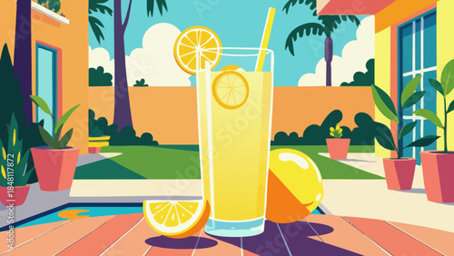 Vector Illustration of Lemonade Glass on Sunny Patio Table Representing Summer Refreshment