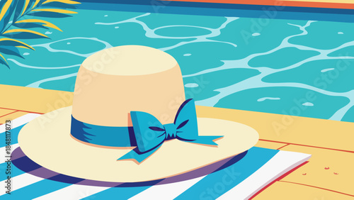 Vector Illustration of Sunhat on Beach Towel by Poolside
