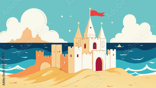 Whimsical Vector Illustration of a Partially Built Sandcastle on the Shore