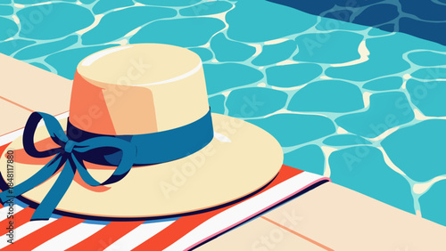 Vector Illustration of Sunhat on Beach Towel by Poolside