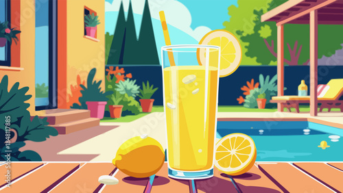 Vector Illustration of Lemonade Glass on Sunny Patio Table