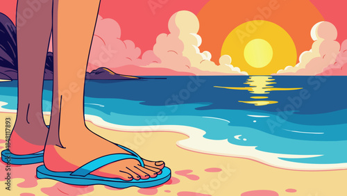 Vivid Orange and Blue Flip-Flops on Sand at Sunset, Vector Illustration