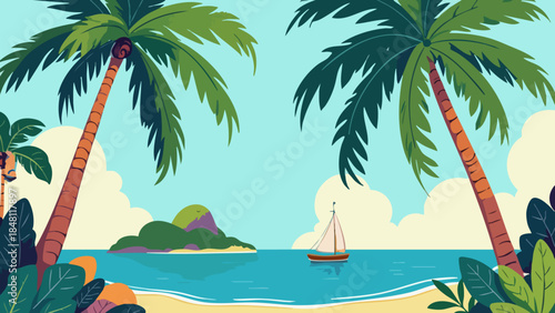 Vector Illustration of Palm Tree in Tropical Greens Under Clear Blue Sky