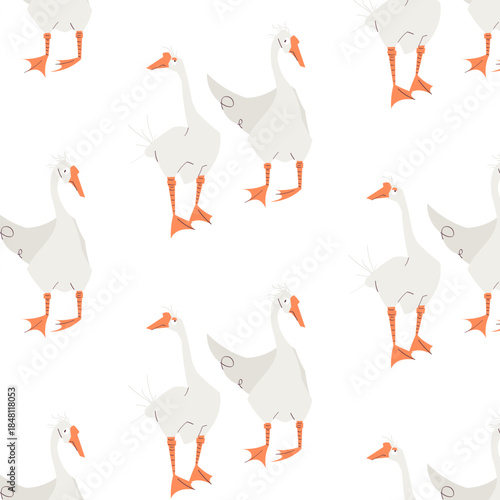 Seamless vector pattern with funny goose characters on white background. Cute cartoon geese in playful poses. Perfect for wrapping paper, textile, fabric, stationery, kids products, and surface design