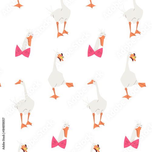 Seamless vector pattern with funny goose characters wearing bow ties on white background. Cute geese in playful poses. Perfect for wrapping paper, textile, kids products, stationery