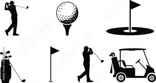 Golfing elements including golfer, ball, flag, and cart silhouettes Keywords: golf, golfer, golf ball, golf club, golf bag, golf