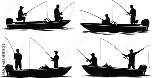 Four Silhouettes of Fishermen in Boats with Fishing Rods on Water Keywords: fishing, fisherman, boat, silhouette, rod, reel