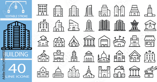 Building Icons set. contains icons of residential and public buildings: house, office, condo, government, school, hotel, university, hospital and more.. Vector illustration Outline Icon set