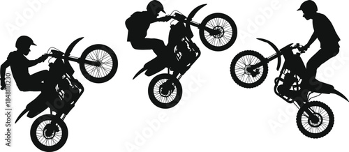 Motocross Riders Performing Stunts Silhouettes on White Background Keywords: motocross, motorcycle, rider, stunt, jump, wheelie