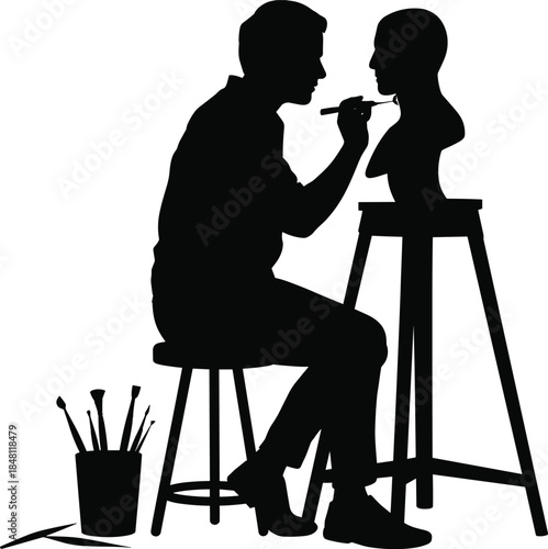 Silhouette of artist sculpting a bust with tools on a white background sculpture