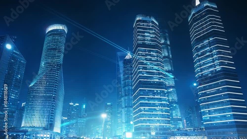 A vibrant cyberpunk night cityscape featuring illuminated skyscrapers, neon lights, and futuristic architecture, showcasing urban technology and advanced infrastructure.