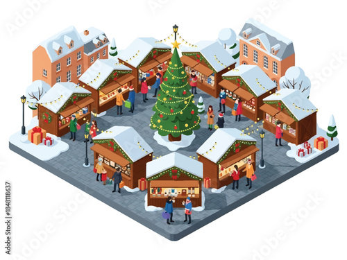Isometric vector 3D view of a festive Christmas market square with wooden stalls, lights, shoppers, and winter decorations, joyful holiday city atmosphere